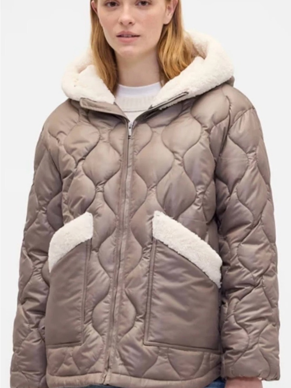 GAP Taupe Quilted Puffer Jacket with White Sherpa Trim